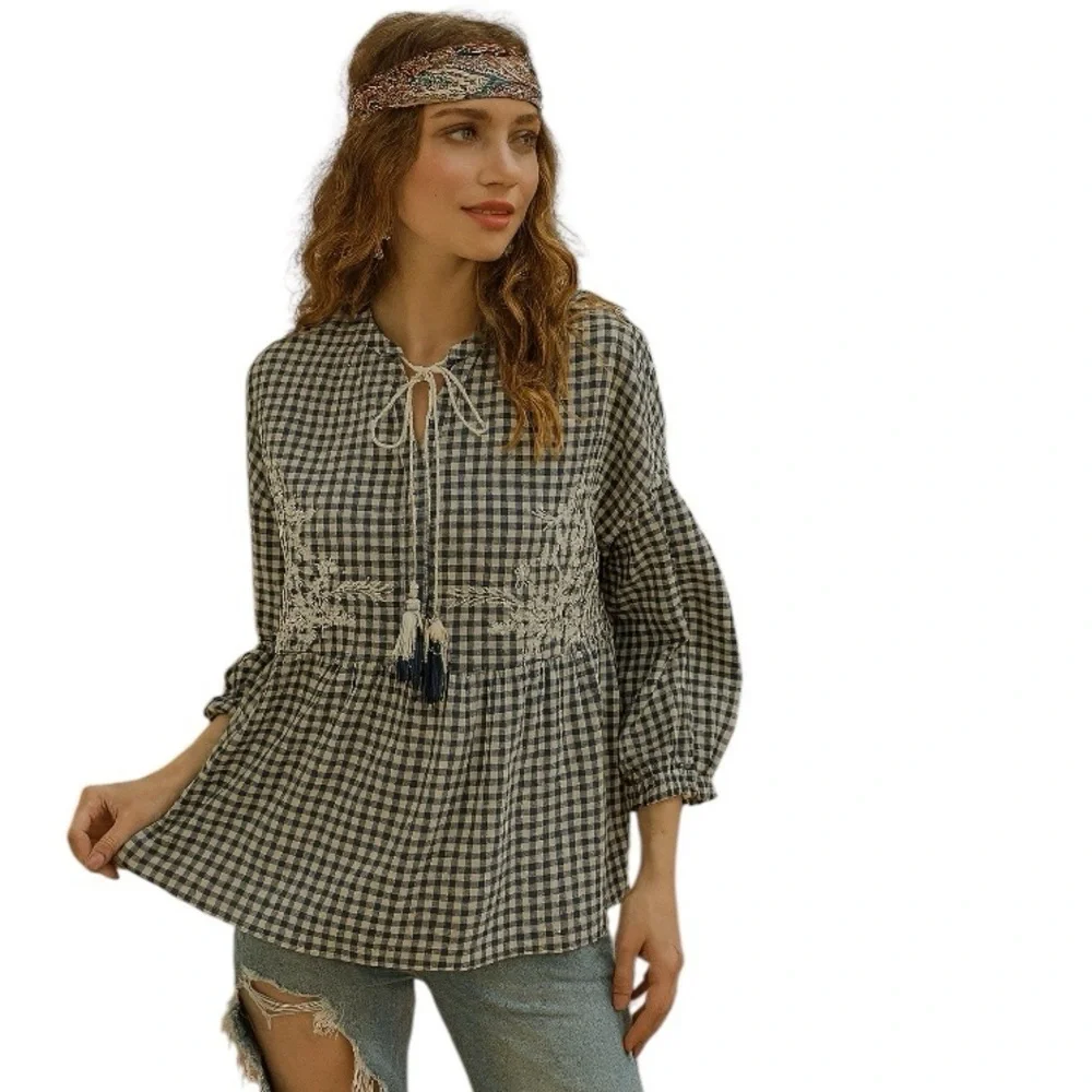 ZARA Trafaluc Gingham Coquette Cottagecore Bohemian Embroidered Babydoll Top M